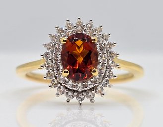 Brazilian Cherry Citrine, White Zircon Double Halo Ring In Yellow Gold Over Sterling