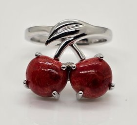 Red Coral 2 Stone Cherry Ring In Rhodium Over Sterling