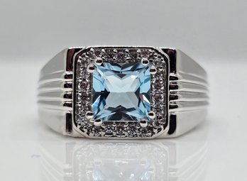 Sky Blue Topaz, White Zircon, Rhodium Over Sterling Mens Ring