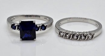 Deep Blue Sapphire, White Sapphire Rings In Rhodium Over Sterling