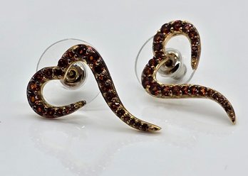 Red Garnet Eternal Love Snake Heart Earrings In Yellow Gold Over Sterling