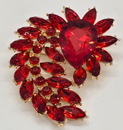 Pretty Red Rhinestone Brooch In Gold Tone