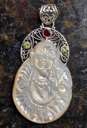 Bali, White Shell Pearl Carved, Multi-Gemstone Pendant In Sterling