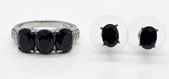 Blue Sapphire 3 Stone Ring & Stud Earrings In Stainless Steel