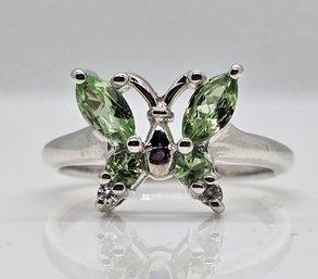 Mint Garnet, White Zircon Butterfly Ring In Rhodium Over Sterling