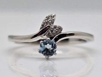 Aquamarine, White Zircon Fish Tail Bypass Ring In Platinum Over Sterling