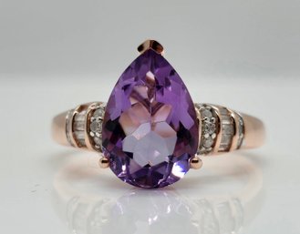 Premium Rose De France Amethyst, Diamond Ring In Rose Gold Over Sterling