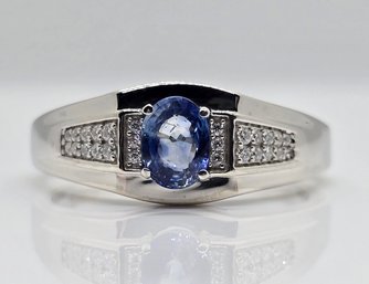 Ceylon Blue Sapphire, Moissanite Mens Ring In Platinum Over Sterling