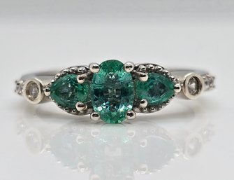 Gorgeous Zambian Emerald, White Zircon Ring In Platinum Over Sterling