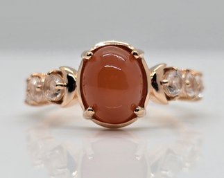 Peach Moonstone, White Topaz Celestial Ring In Rose Gold Over Sterling