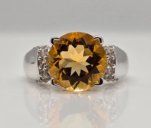 Stunning Citrine And White Topaz, Rhodium Over Sterling Ring