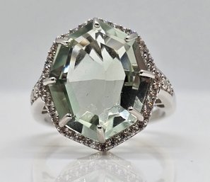 Prasiolite, White Zircon Halo Ring In Platinum Over Sterling