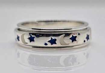 Size 5 Blue Enameled Stars And Moon Spinner Ring In Sterling