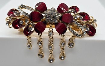 Red Enameled, Austrian Crystal Hair Claw Clip In Gold Tone