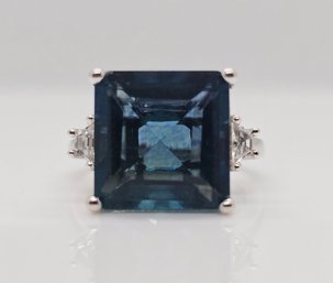 Asscher Cut Teal Fluorite, White Topaz Ring In Platinum Over Sterling