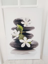 Zen Wall Art Stretch Canvas On Wood Frame - White Flowers With Rocks