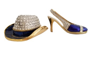 Miniature Blue Enamel & Gold Tone Shoe Figurine With Matching Rhinestone Cowboy Hat