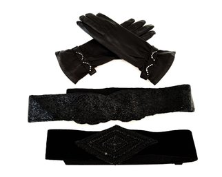 2 Vintage Women's Black Beaded Belts & Leather Gloves With Rhinestone Design At  Wrists