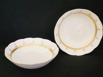 Two Vintage Vohenstrauss Johann Seltmann Bavaria Serving Bowls Ivory W/gold Leaf & Blue Accents