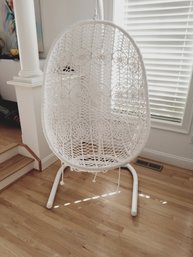 White Hanging Egg Shaped Swing Macrame Rope Chair With  Cushion & Ultra Strong White Metal Stand