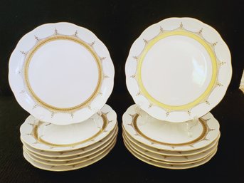 Twelve Vintage Vohenstrauss Johann Seltmann Bavaria  9.5' Plates Ivory W/gold Leaf & Blue Accents