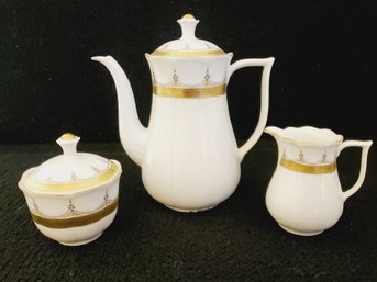 Vintage Vohenstrauss Johann Seltmann Bavaria Ivory W/gold Leaf & Blue Accents Coffee Pot, Sugar, Creamer