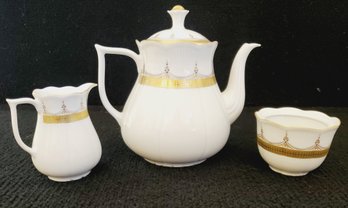 Vintage Vohenstrauss Johann Seltmann Bavaria Ivory W/gold Leaf & Blue Accents Coffee Pot, Sugar, Creamer