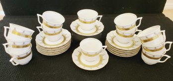 Twelve Vintage Vohenstrauss Johann Seltmann Bavaria Ivory W/gold Leaf & Blue Accents Coffee Cups & Saucers