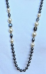 Striking Hand Knotted Hematite Pearl And Gold 30' Necklace