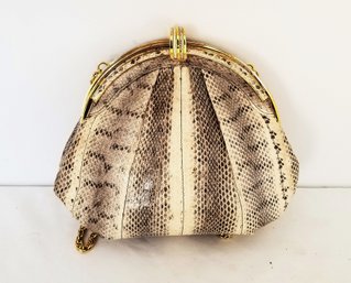 Vintage Creaciones Grau Snakeskin Clutch Hand Bag With Gold-tone Shoulder Strap & Hardware