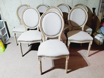 Eight Antiqued Whitwash Finish Wood Upholstered Dining Chairs W/nail Head Accents