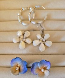 3 Pairs Of Delicate Earrings 2 With Baroque Pearl Beads And Pansy Flower Stud Earrings