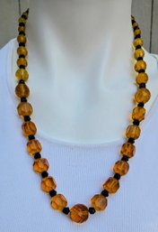 Vintage Faceted Amber Colored Cut Crystal Hand Knotted Interspersed With Jet Colored Crystal Necklace