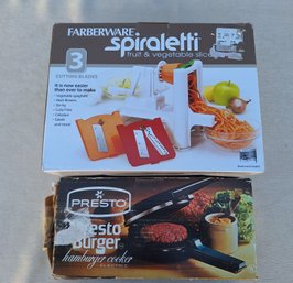 LOT OF 2 FARBERWARE SPIRALETTI-SPIRAL CUTTER AND PRESTO SINGLE BURGER COOKER