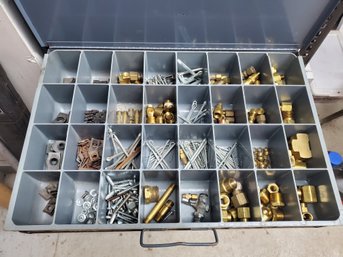 Vintage Lawson Metal Sorting Box Filled With Washers, Bolts, Brass Fittings, Cotter Pins & Body Clips