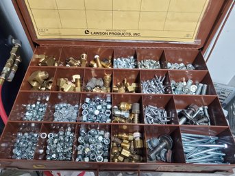 Lawson Metal Sorting Box Filled With Bolts, Lock Nuts, Spacers & Rivets