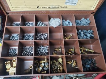 Lawson Metal Sorting Box Filled W/ Screws, Washers, Brass Fittings