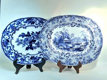 Two English Antique Blue And White Porcelain Platters