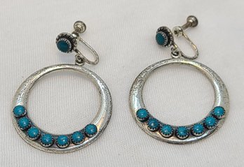 Large Pair Of Sterling Silver Turquoise Earrings- Very Old Native American