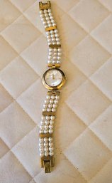 Mikasa Swiss Quartz Pearl Beaded Bracelet Watch With Mother Of Pearl Dial