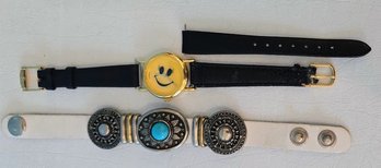 Vintage Smiley Face Watch And A Southwest Leather Concho Bracelet