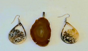 Natural Bone Carved Teardrop Earrings & Beautiful Petrified Wood Pendant