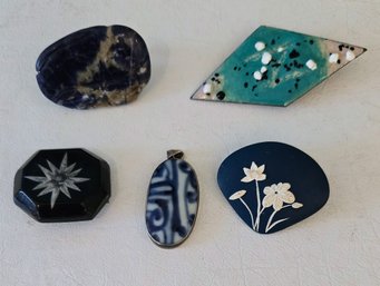 Assorted Vintage Enamel And Natural Stone Pins With A Lovely Porcelain Tile Bezel Pendant