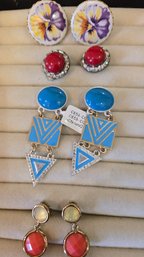 4 Pairs Of Assorted Art Deco Style Colorful Vintage Enamel Earrings