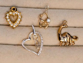 4 Vintage Necklace Pendants - Hearts, Wishbone & Dinosaur