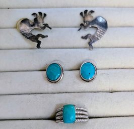 Turquoise And Sterling Cabochon Bezel Earrings, With Matching Ring And Dancing Kokopelli Earrings