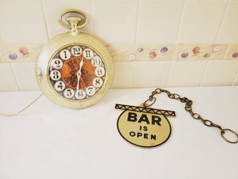 Vintage Spartus Working Have Another Bar Wall Clock & Bar Is Open / Closed Bar Sign