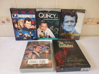 Five Boxed DVD Sets - The Godfather, TJ Hooker, The Rockford Files, Quincy & Perry Mason