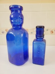 Vintage Cobalt Blue Glass Bottles - Broofield Baby Top Milk Bottle & John Wyeth & Bro Medicial Bottle With Cap