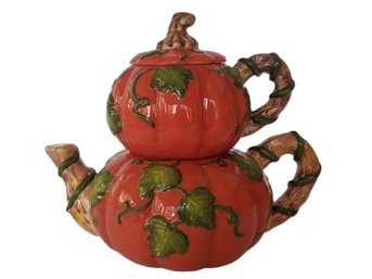 Vintage Hand Painted Ceramic Double Pumpkin Teapot By Flowers Inc. Balloons